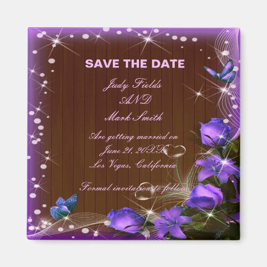 Rustic Dark Wood Paars Floral Save the Date Magneet (Voorkant)