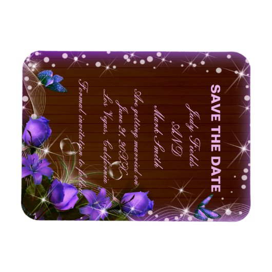 Rustic Dark Wood Paars Floral Save the Date Magneet (Horizontaal)