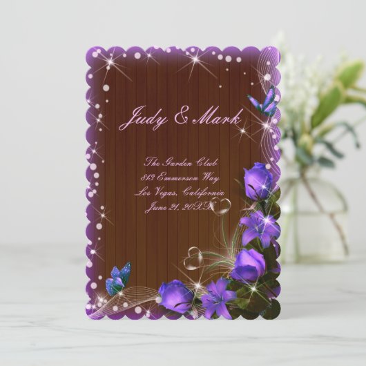 Rustic Dark Wood Paars Floral Wedding Menu Kaart (Staand voorkant)