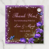 Rustic Dark Wood Paarse Floral Butterfly Wedding Bedankjes Labels (Achterkant)