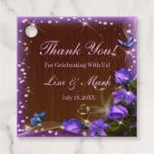Rustic Dark Wood Paarse Floral Butterfly Wedding Bedankjes Labels (Voorkant)
