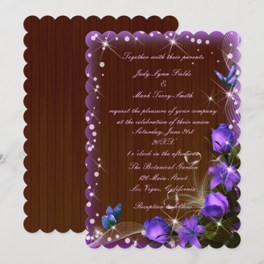 Rustic Dark Wood Paarse Floral Butterfly Wedding Kaart (Voorkant / Achterkant)
