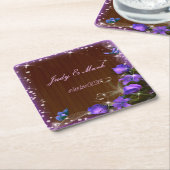 Rustic Dark Wood Paarse Floral Butterfly Wedding Kartonnen Onderzetters (Schuin)