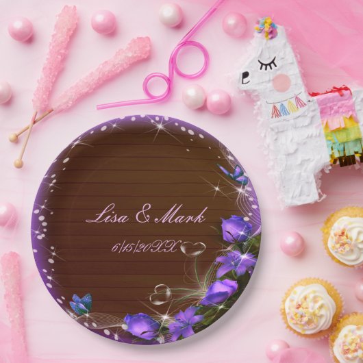 Rustic Dark Wood Paarse Floral Butterfly Wedding Papieren Bordje (Feest)