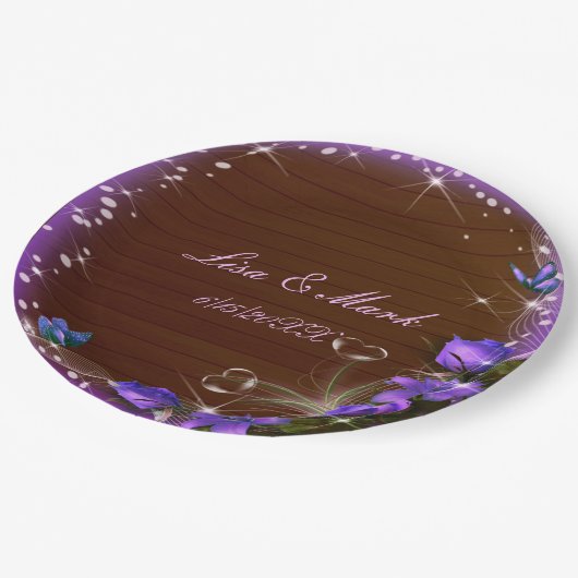 Rustic Dark Wood Paarse Floral Butterfly Wedding Papieren Bordje (Gekanteld)