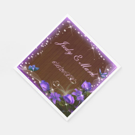 Rustic Dark Wood Paarse Floral Butterfly Wedding Servet (Hoek)