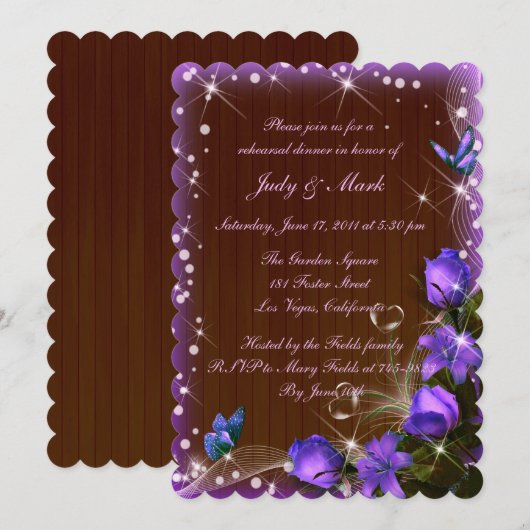 Rustic Dark Wood Paarse Floral Rehearsal Dinner Kaart (Voorkant / Achterkant)