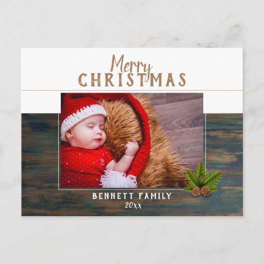 Rustic Dark Wood Pine Merry-kerstfoto Feestdagenkaart (Voorkant)
