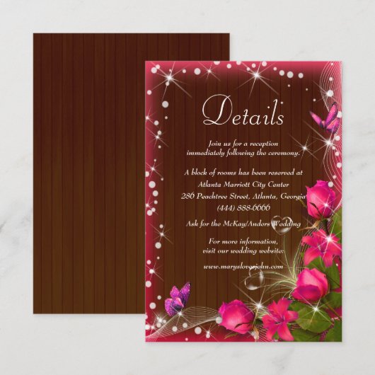 Rustic Dark Wood Pink Floral Wedding Details Informatiekaartje (Voorkant / Achterkant)