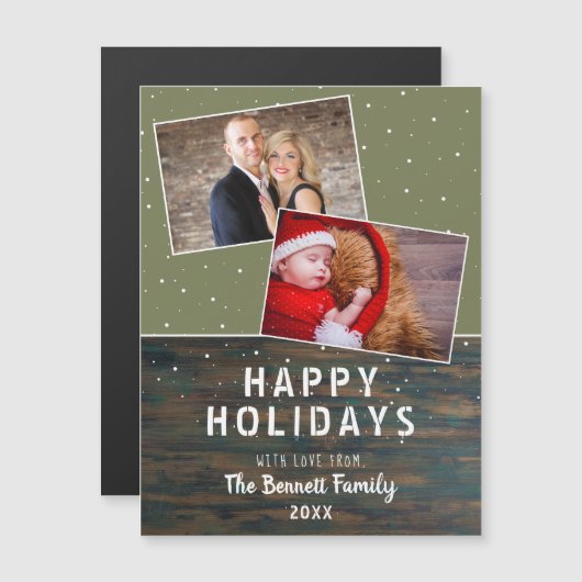 Rustic Dark Wood Snow Holiday 2 Foto Collage Kaart (Voorkant / Achterkant)