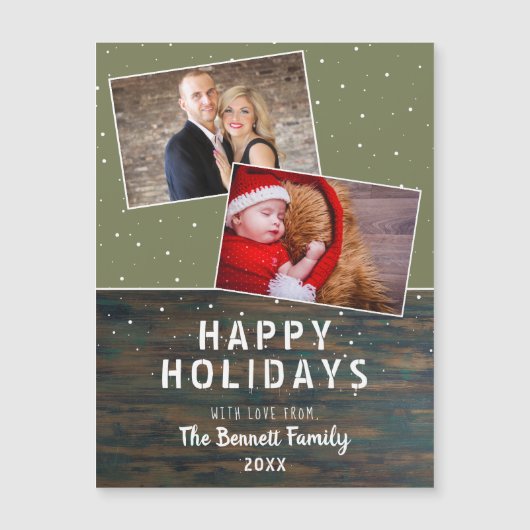 Rustic Dark Wood Snow Holiday 2 Foto Collage Kaart (Voorkant)