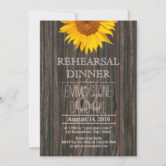 Rustic Dark Wood & Sunflower Rehearsal Dinner Kaart (Voorkant)