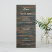 Rustic Dark Wood White Script Weddenschap Menu (Staand voorkant)