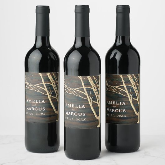 Rustic Dark Wood Winter Tree Weddenschap Wijn Etiket (Flessen)