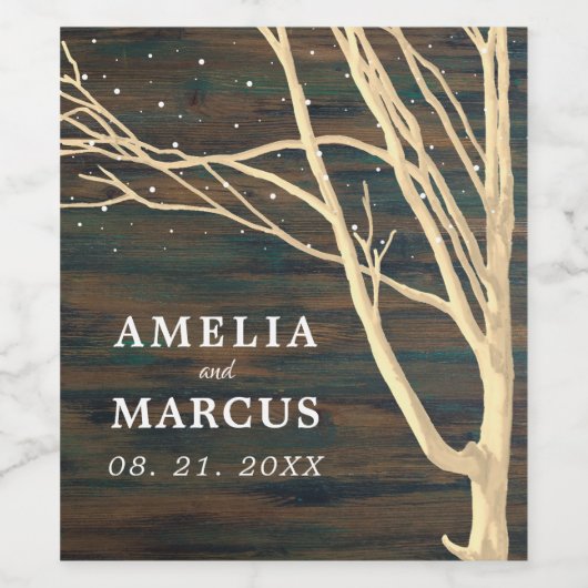 Rustic Dark Wood Winter Tree Weddenschap Wijn Etiket (Enkel label)
