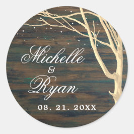 Rustic Dark Wood Winter Tree White Script Weduwen Ronde Sticker