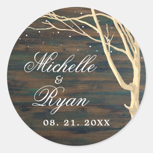 Rustic Dark Wood Winter Tree White Script Weduwen Ronde Sticker (Voorkant)