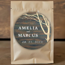 Rustic Dark Wood Winter Tree White Script Weduwen Ronde Sticker