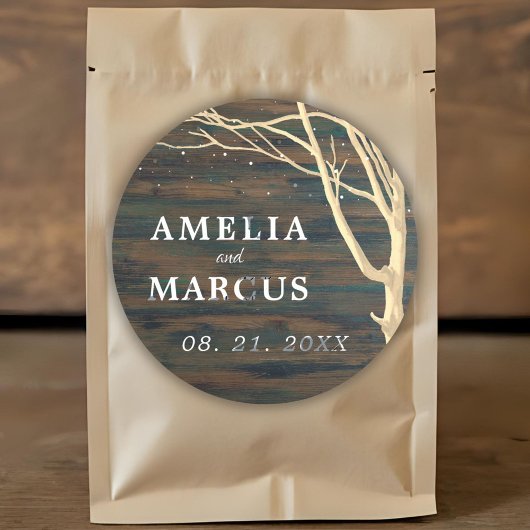 Rustic Dark Wood Winter Tree White Script Weduwen Ronde Sticker