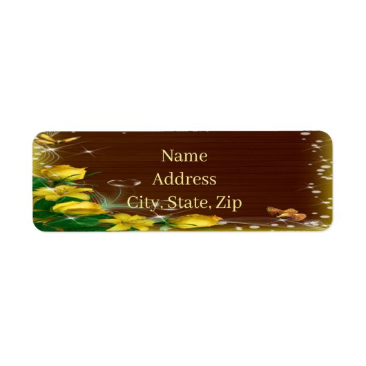 Rustic Dark Wood Yellow Floral Butterfly Adres Etiket (Voorkant)