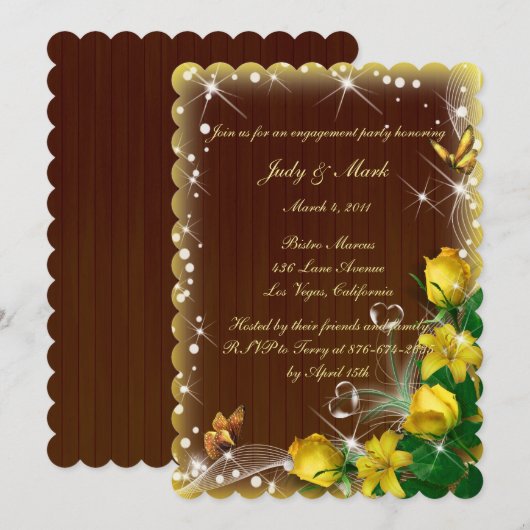 Rustic Dark Wood Yellow Floral Engagement Party Kaart (Voorkant / Achterkant)