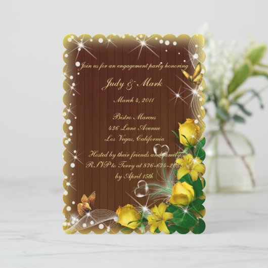Rustic Dark Wood Yellow Floral Engagement Party Kaart (Staand voorkant)