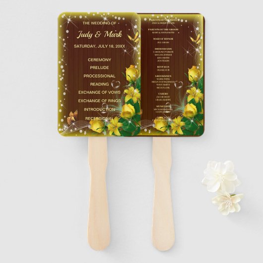 Rustic Dark Wood Yellow Floral Wedding Programme Handwaaier (Voorkant en achterkant)