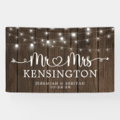 Rustic de heer Mrs Heart String Lights Wood Weddin Spandoek (Horizontaal)