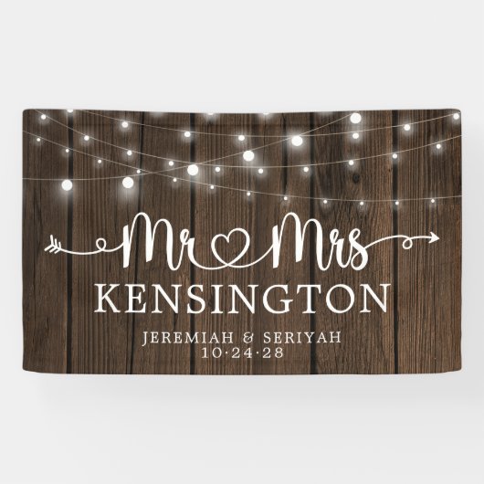 Rustic de heer Mrs Heart String Lights Wood Weddin Spandoek (Horizontaal)