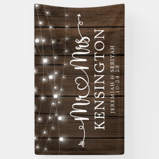 Rustic de heer Mrs Heart String Lights Wood Weddin Spandoek (Verticaal)