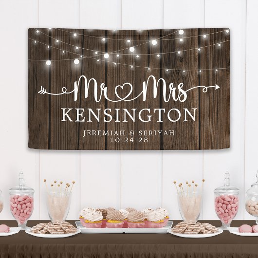 Rustic de heer Mrs Heart String Lights Wood Weddin Spandoek