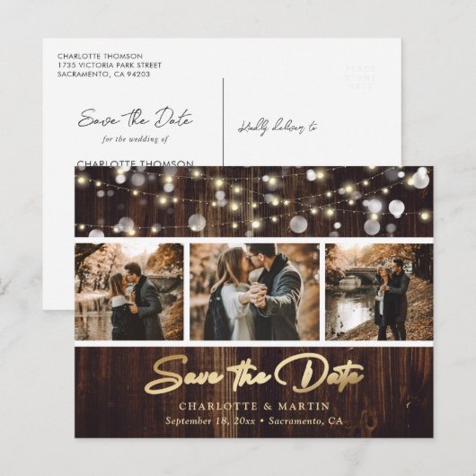 Rustic de Lichten van het Koord van het Hout Foto  Aankondigingskaart (Voorkant / Achterkant)