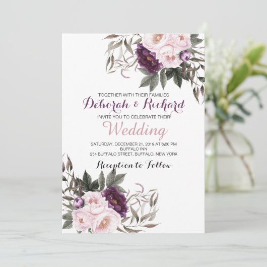 Rustic Deep Paarse Peony Floral Wedding Card Kaart (Staand voorkant)