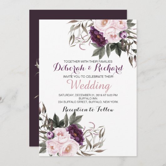 Rustic Deep Paarse Peony Floral Wedding Card Kaart (Voorkant / Achterkant)