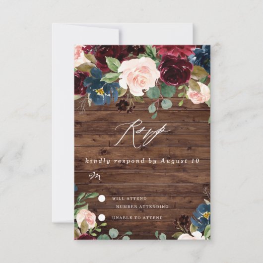 Rustic Deep Red Wine Burgundy Blush Navy Weddensch RSVP Kaartje (Voorkant)