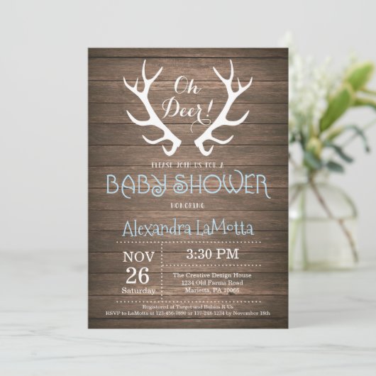 Rustic Deer Antler Baby shower Invitation Blue Kaart (Staand voorkant)