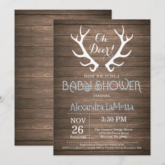 Rustic Deer Antler Baby shower Invitation Blue Kaart (Voorkant / Achterkant)
