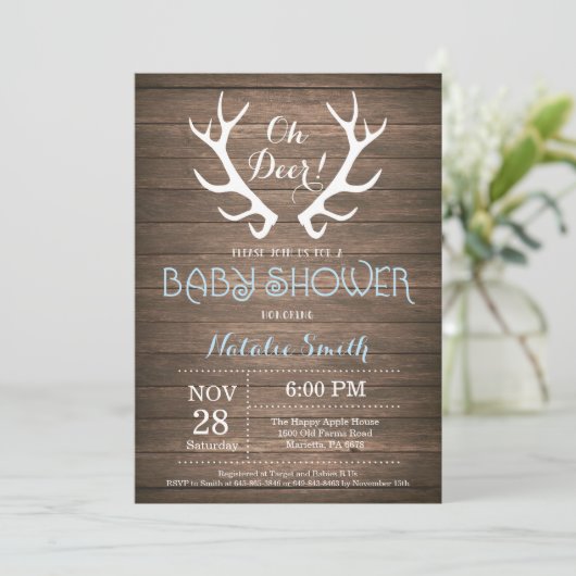 Rustic Deer Antler Baby shower Invitation Blue Kaart (Staand voorkant)