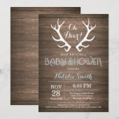 Rustic Deer Antler Baby shower Invitation Blue Kaart (Voorkant / Achterkant)
