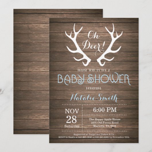 Rustic Deer Antler Baby shower Invitation Blue Kaart (Voorkant / Achterkant)