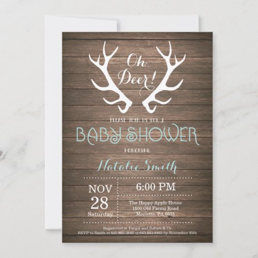 Rustic Deer Antler Baby shower Uitnodiging Aqua (Voorkant)