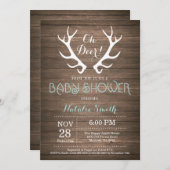 Rustic Deer Antler Baby shower Uitnodiging Aqua (Voorkant / Achterkant)