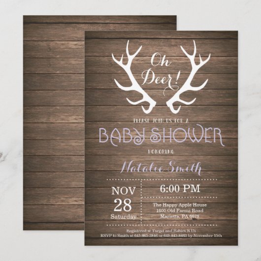 Rustic Deer Antler Baby shower Uitnodiging Paars (Voorkant / Achterkant)