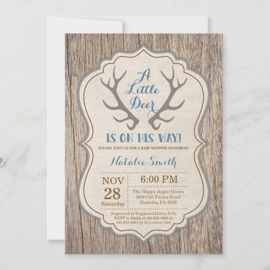 Rustic Deer Antler Blue Boy Baby shower Kaart (Voorkant)