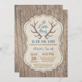 Rustic Deer Antler Blue Boy Baby shower Kaart (Voorkant / Achterkant)