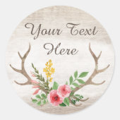 Rustic Deer Antler Bohemian Floral Waterverf Wood Ronde Sticker (Voorkant)