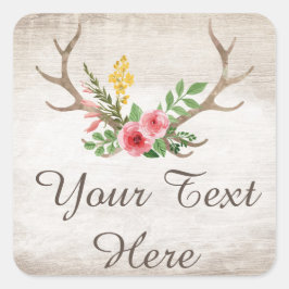 Rustic Deer Antler Bohemian Floral Waterverf Wood Vierkante Sticker