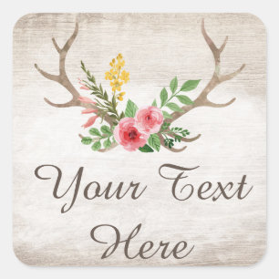Rustic Deer Antler Bohemian Floral Waterverf Wood Vierkante Sticker