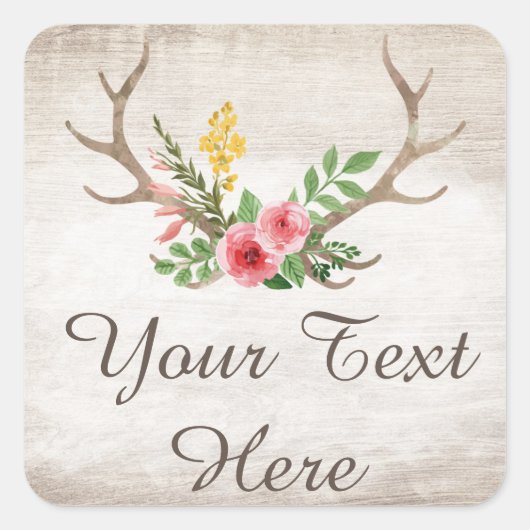 Rustic Deer Antler Bohemian Floral Waterverf Wood Vierkante Sticker (Voorkant)