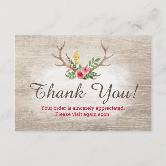 Rustic Deer Antler Bohemian Floral Wood Dank je Bedankkaart (Voorkant)